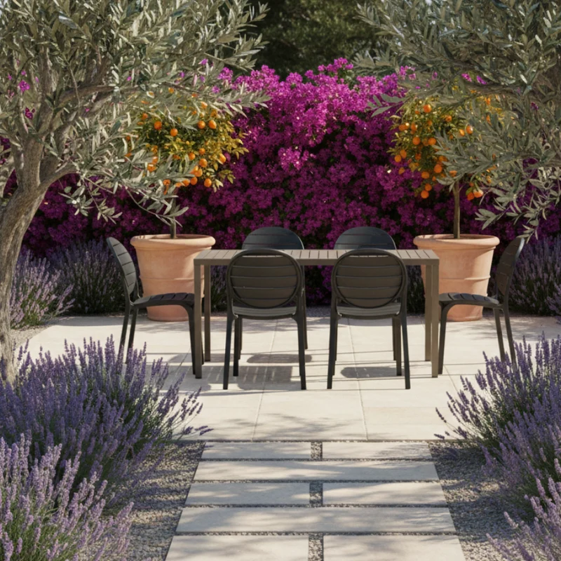 Set tavolo Cube 120x70 con 6 sedie Erica, per esterno e giardino Made in Italy