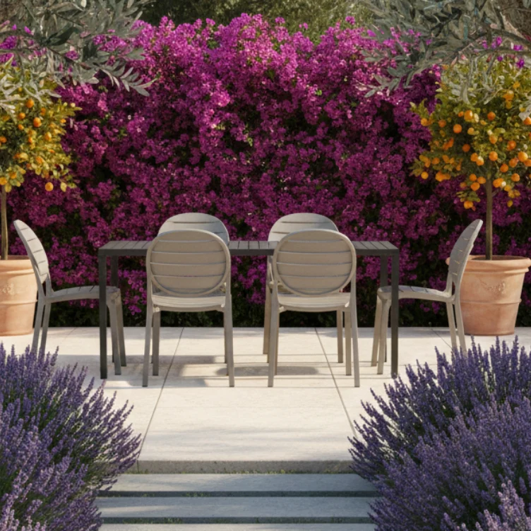Set tavolo Cube 120x70 con 4 sedie Erica, per esterno e giardino Made in Italy