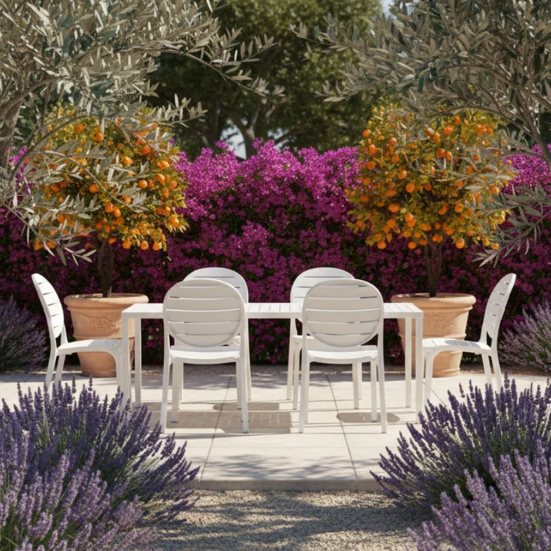 Set tavolo Cube 120x70 con 4 sedie Erica, per esterno e giardino Made in Italy