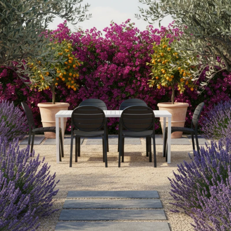 Set tavolo Cube 120x70 con 4 sedie Erica, per esterno e giardino Made in Italy