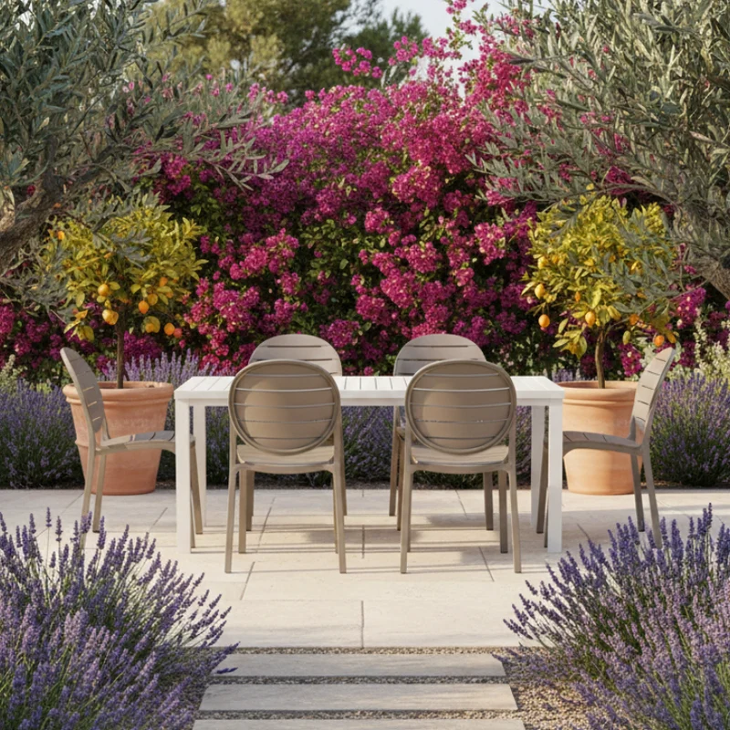 Set tavolo Cube 120x70 con 4 sedie Erica, per esterno e giardino Made in Italy