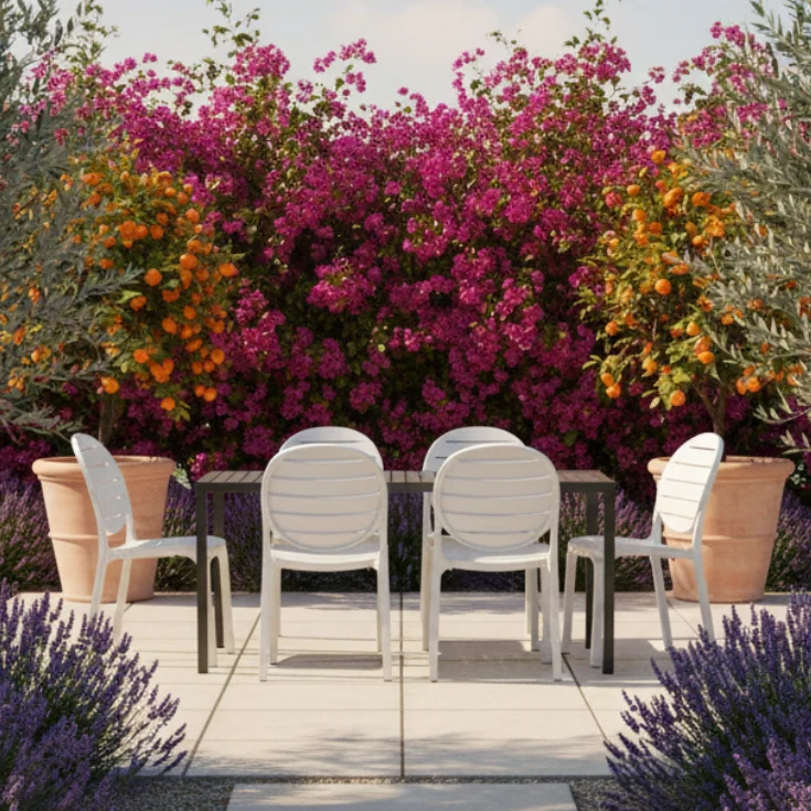 Set tavolo Cube 120x70 con 4 sedie Erica, per esterno e giardino Made in Italy