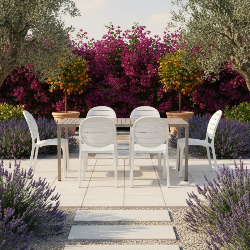 Set tavolo Cube 120x70 con 4 sedie Erica, per esterno e giardino Made in Italy