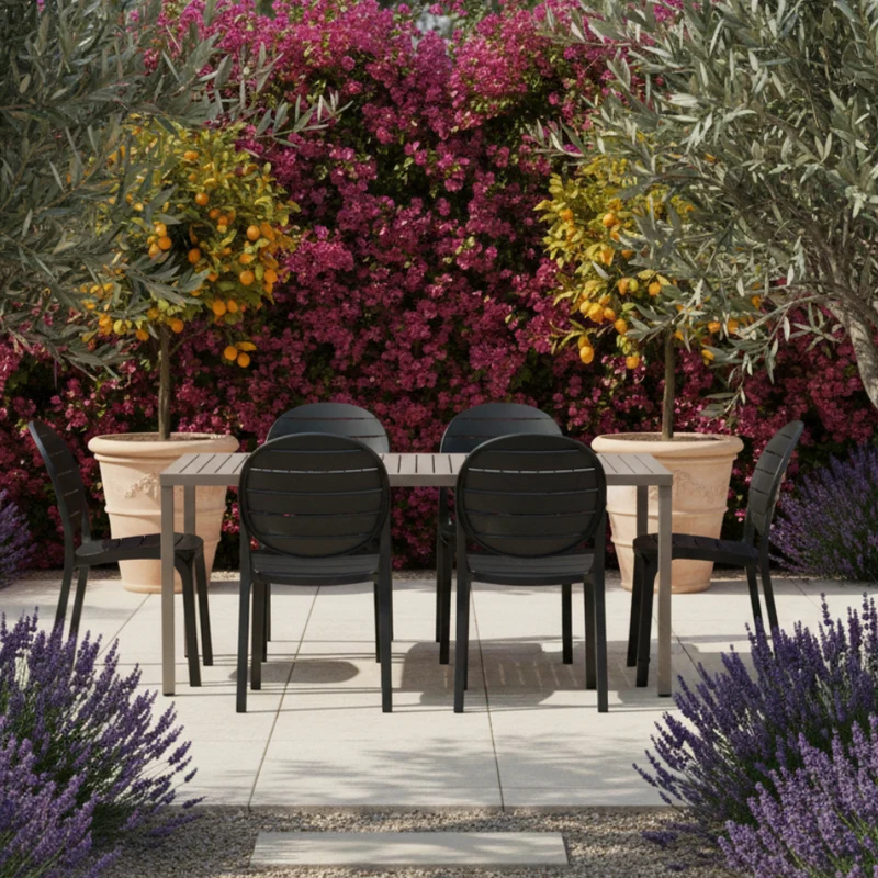 Set tavolo Cube 120x70 con 4 sedie Erica, per esterno e giardino Made in Italy