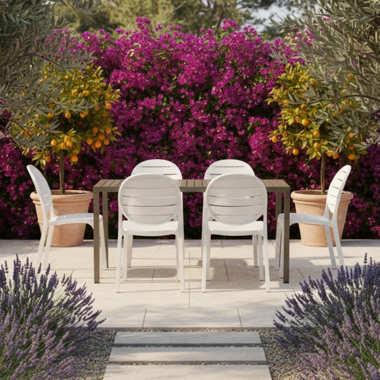 Set tavolo Cube 120x70 con 4 sedie Erica, per esterno e giardino Made in Italy