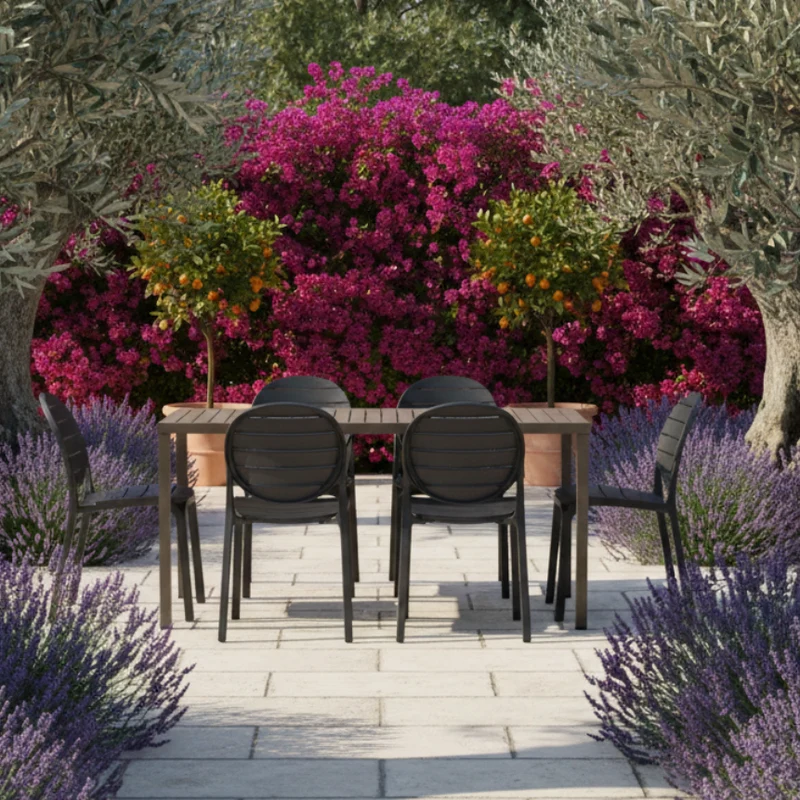 Set tavolo Cube 120x70 con 4 sedie Erica, per esterno e giardino Made in Italy