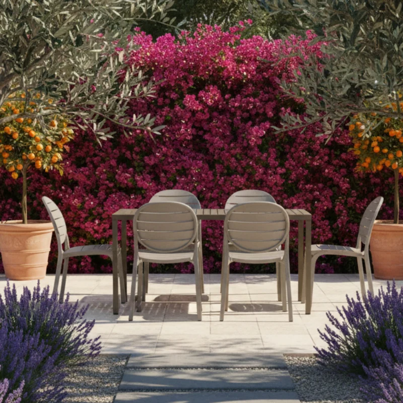 Set tavolo Cube 120x70 con 4 sedie Erica, per esterno e giardino Made in Italy