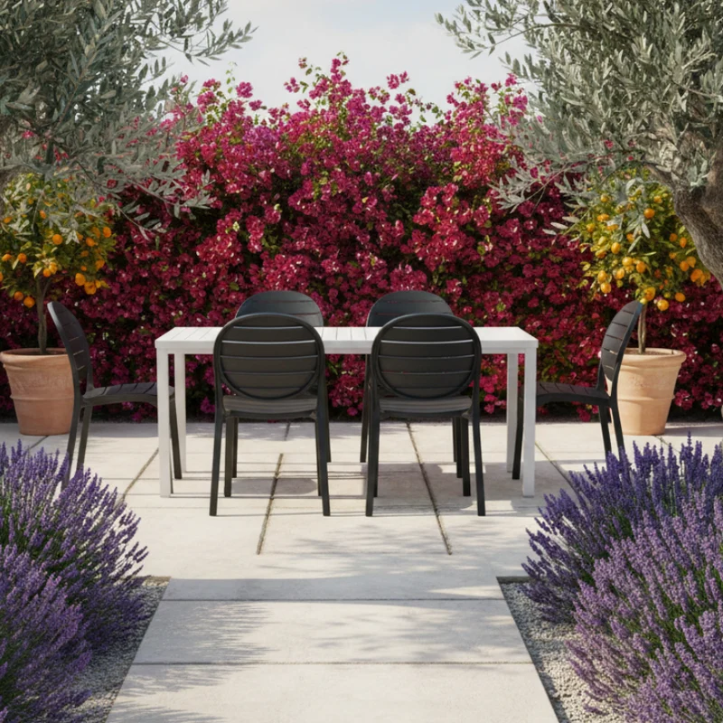 Set tavolo Cube 140x80 con 6 sedie Erica, per esterno e giardino Made in italy