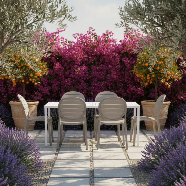Set tavolo Cube 140x80 con 6 sedie Erica, per esterno e giardino Made in italy