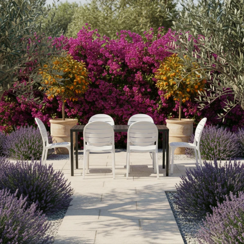 Set tavolo Cube 140x80 con 6 sedie Erica, per esterno e giardino Made in italy