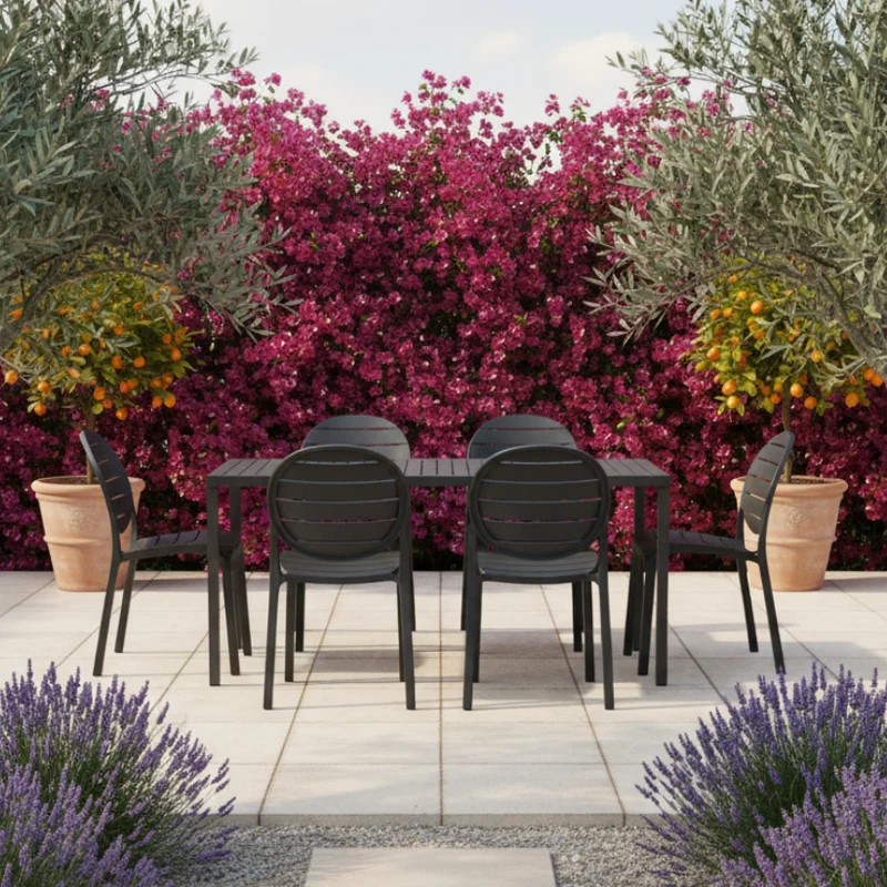 Set tavolo Cube 140x80 con 6 sedie Erica, per esterno e giardino Made in italy