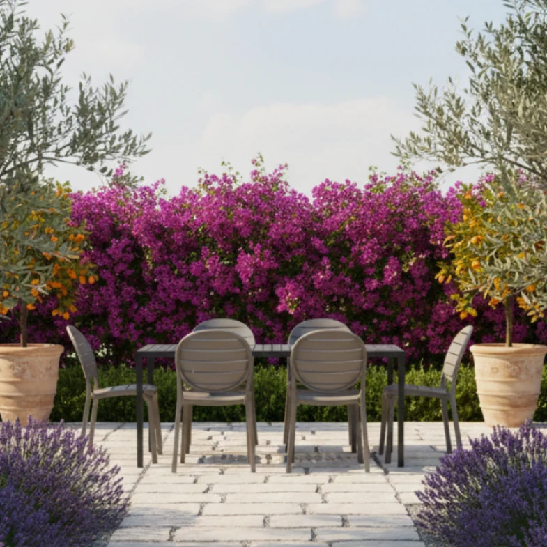Set tavolo Cube 140x80 con 6 sedie Erica, per esterno e giardino Made in italy