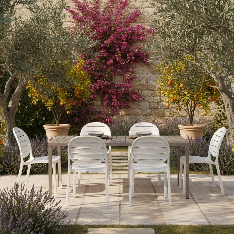 Set tavolo Cube 140x80 con 6 sedie Erica, per esterno e giardino Made in italy