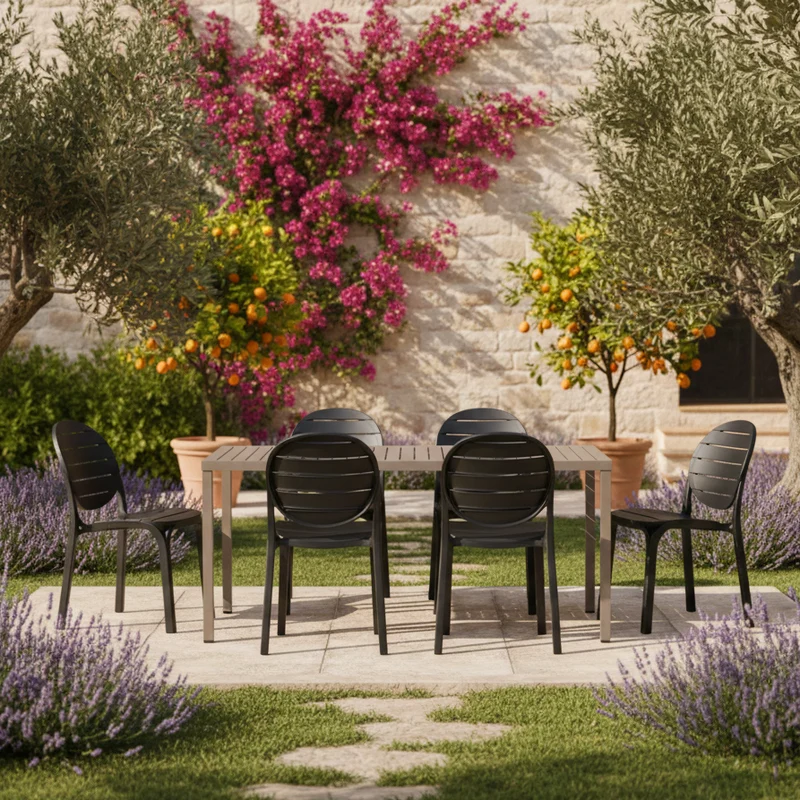 Set tavolo Cube 140x80 con 6 sedie Erica, per esterno e giardino Made in italy