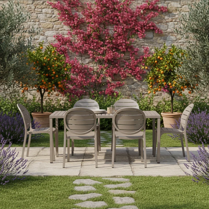 Set tavolo Cube 140x80 con 6 sedie Erica, per esterno e giardino Made in italy
