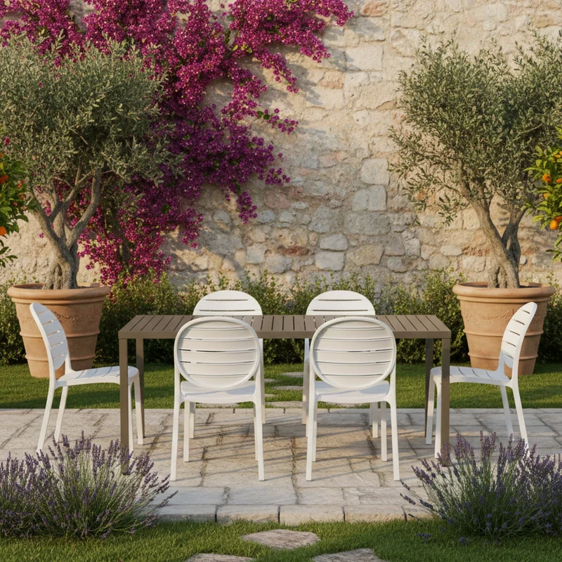 Set tavolo Cube 140x80 con 6 sedie Erica, per esterno e giardino Made in italy