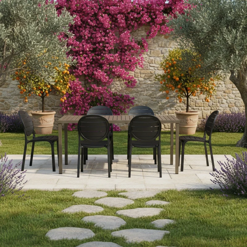 Set tavolo Cube 140x80 con 6 sedie Erica, per esterno e giardino Made in italy