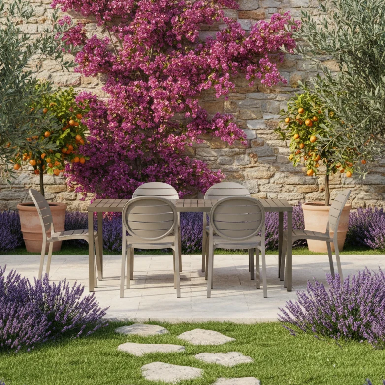 Set tavolo Cube 140x80 con 6 sedie Erica, per esterno e giardino Made in italy
