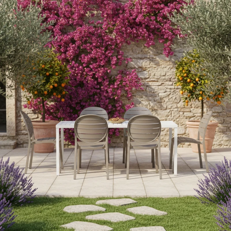 Set tavolo Cube 140x80 con 4 sedie Erica, per esterno e giardino Made in Italy