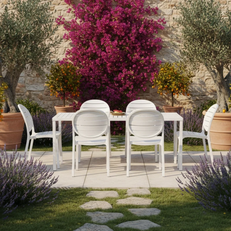 Set tavolo Cube 140x80 con 4 sedie Erica, per esterno e giardino Made in Italy