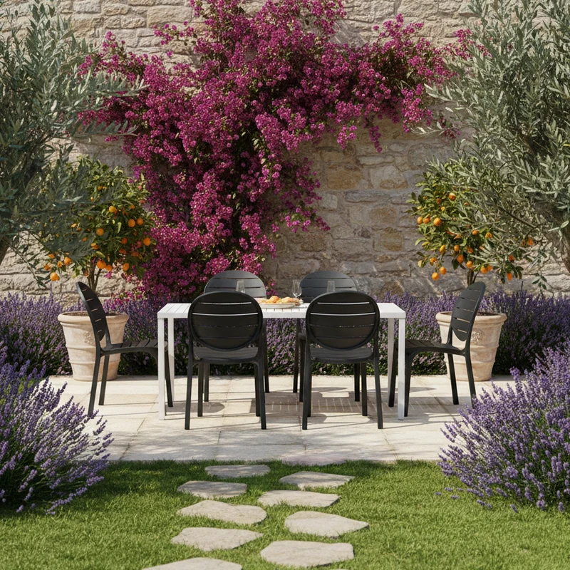 Set tavolo Cube 140x80 con 4 sedie Erica, per esterno e giardino Made in Italy