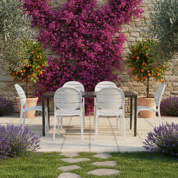 Set tavolo Cube 140x80 con 4 sedie Erica, per esterno e giardino Made in Italy