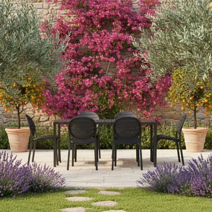 Set tavolo Cube 140x80 con 4 sedie Erica, per esterno e giardino Made in Italy