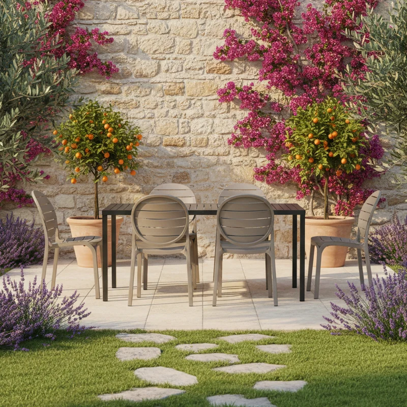 Set tavolo Cube 140x80 con 4 sedie Erica, per esterno e giardino Made in Italy