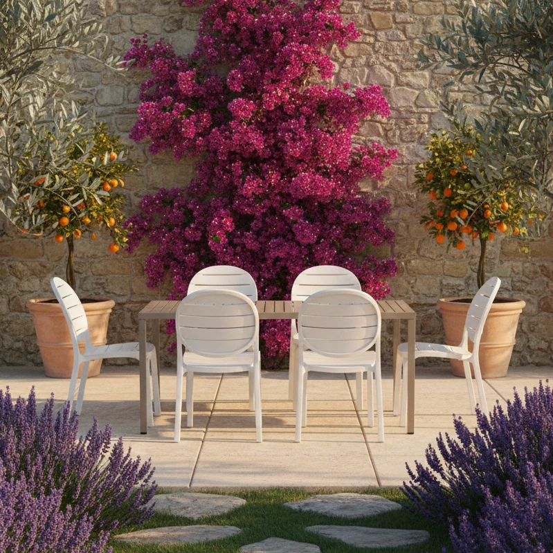 Set tavolo Cube 140x80 con 4 sedie Erica, per esterno e giardino Made in Italy