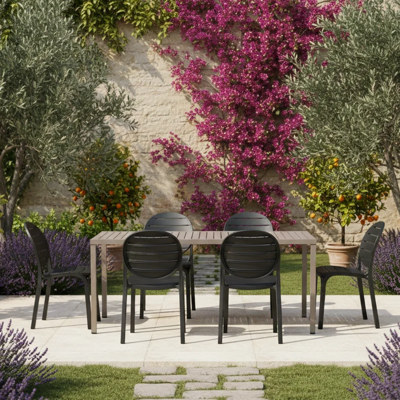 Set tavolo Cube 140x80 con 4 sedie Erica, per esterno e giardino Made in Italy