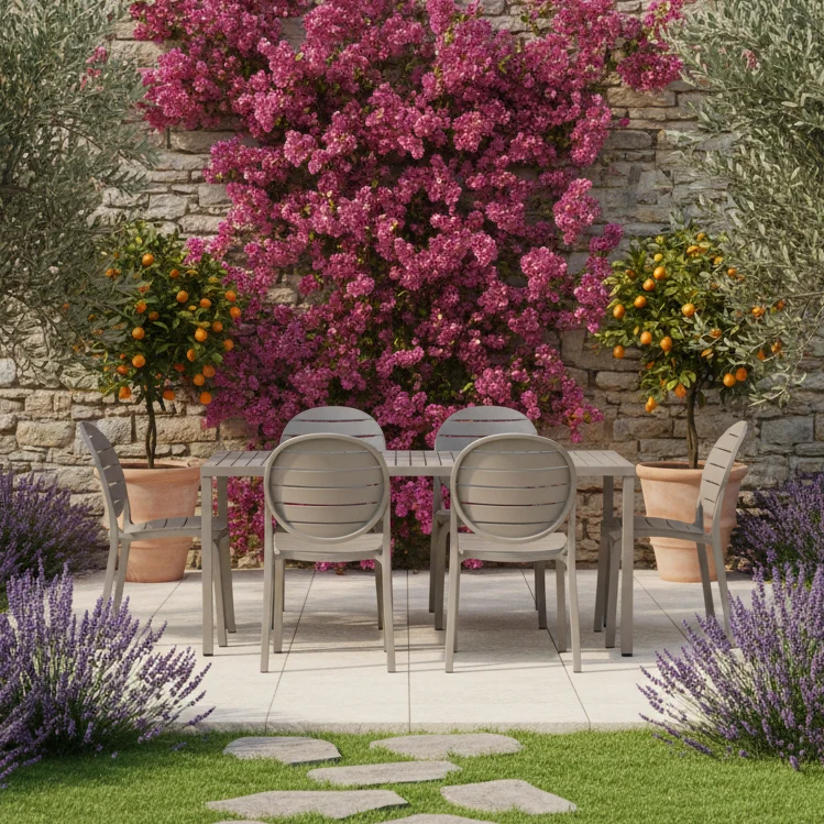Set tavolo Cube 140x80 con 4 sedie Erica, per esterno e giardino Made in Italy