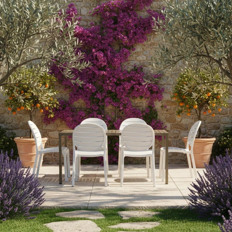 Set tavolo Cube 140x80 con 4 sedie Erica, per esterno e giardino Made in Italy