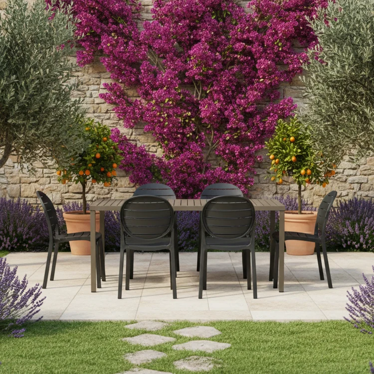 Set tavolo Cube 140x80 con 4 sedie Erica, per esterno e giardino Made in Italy