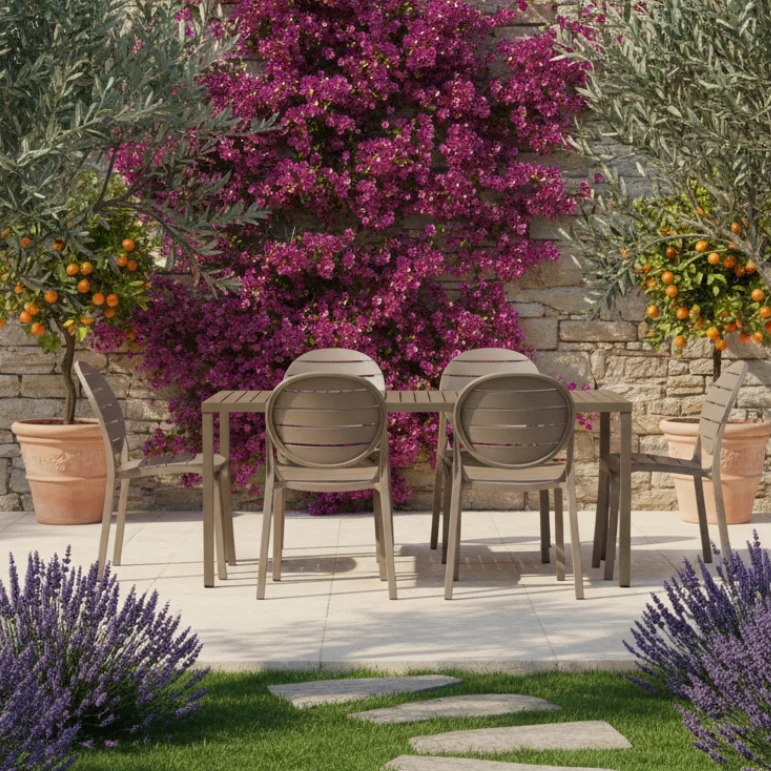 Set tavolo Cube 140x80 con 4 sedie Erica, per esterno e giardino Made in Italy