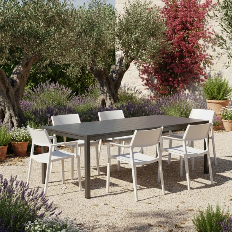 Set tavolo Rio allungabile 140-210 cm con 4 sedie Trill, per interno ed esterno