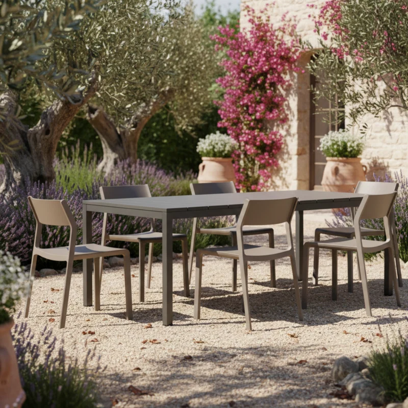 Set tavolo Rio allungabile 140-210 cm con 4 sedie Trill, per interno ed esterno