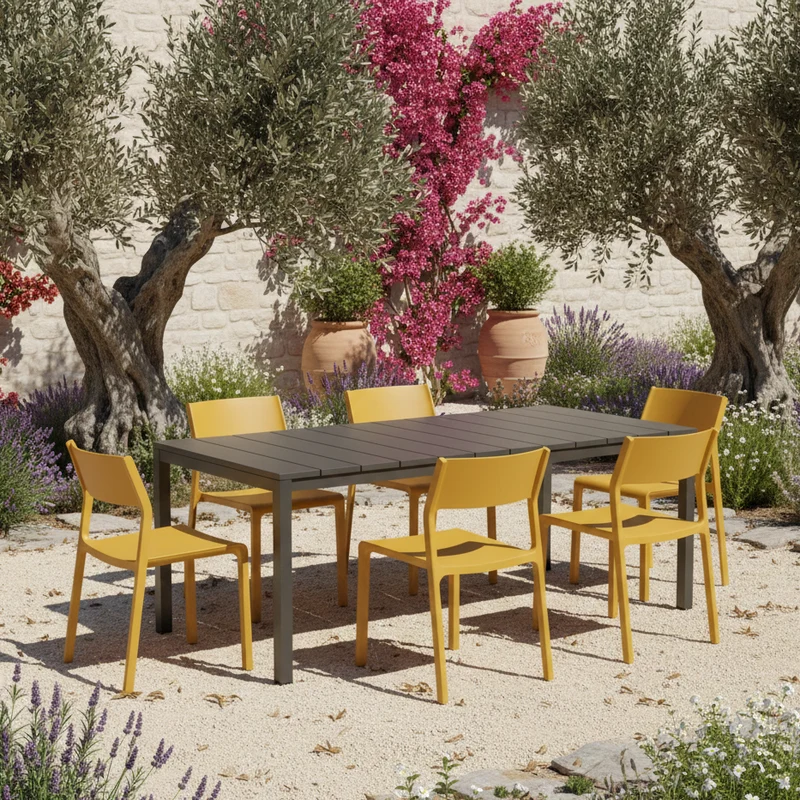 Set tavolo Rio allungabile 140-210 cm con 4 sedie Trill, per interno ed esterno