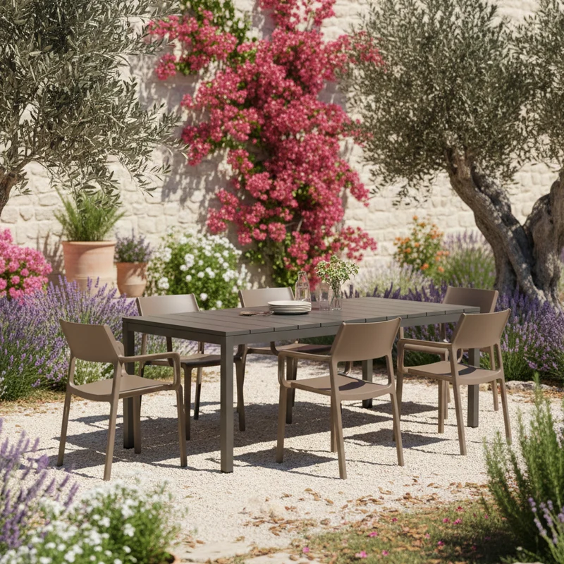 Set tavolo Rio allungabile 140-210 cm con 4 sedie Trill, per interno ed esterno