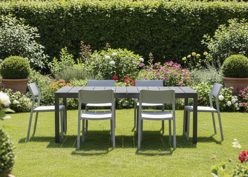 Set tavolo Rio allungabile 140-210 cm con 4 sedie Trill, per interno ed esterno