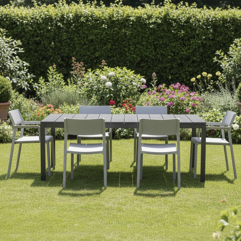 Set tavolo Rio allungabile 140-210 cm con 4 sedie Trill, per interno ed esterno