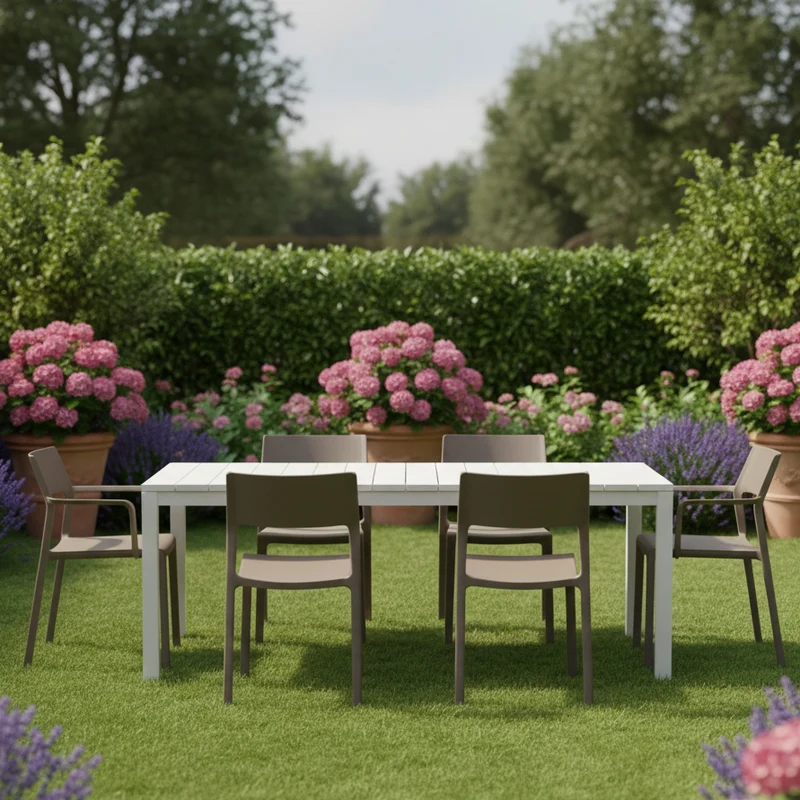 Set tavolo Rio allungabile 140-210 cm con 4 sedie Trill, per interno ed esterno