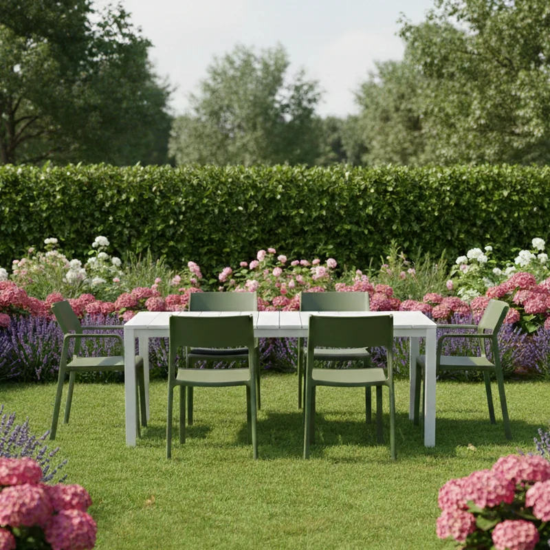 Set tavolo Rio allungabile 140-210 cm con 4 sedie Trill, per interno ed esterno