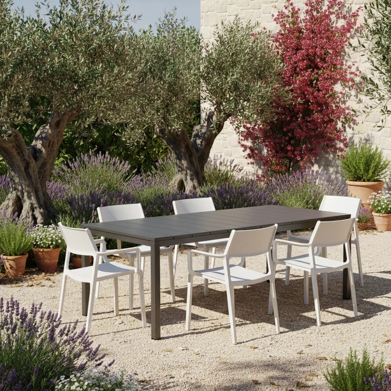 Set tavolo Rio Allungabile 210-280 cm con 10 sedie Trill per interno ed esterno