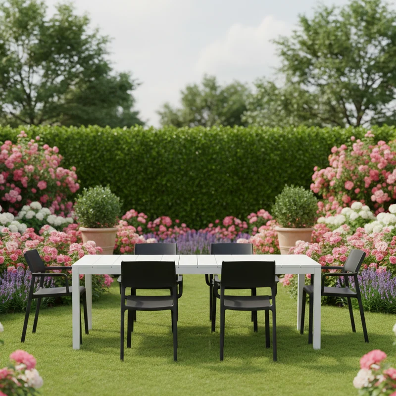 Set tavolo Rio Allungabile 210-280 cm con 10 sedie Trill per interno ed esterno