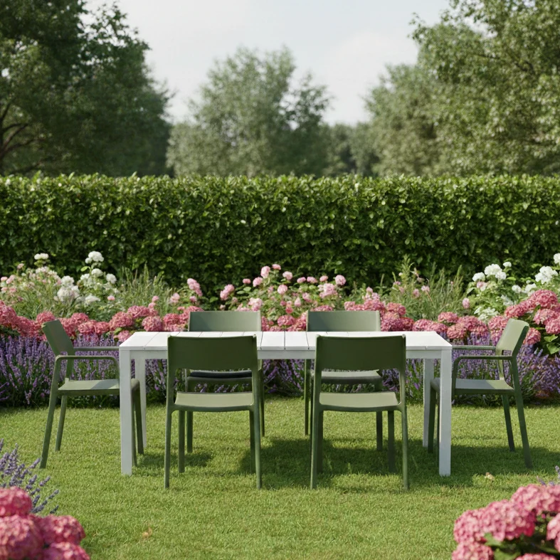 Set tavolo Rio Allungabile 210-280 cm con 10 sedie Trill per interno ed esterno