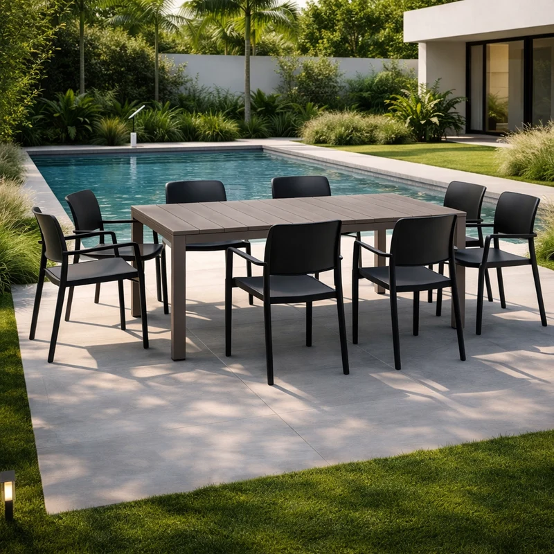 Set tavolo Rio Allungabile 210-280 cm con 8 poltrone Riva per esterno e giardino