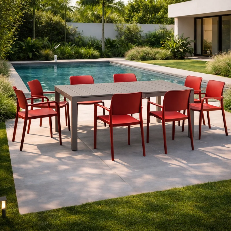 Set tavolo Rio Allungabile 210-280 cm con 8 poltrone Riva per esterno e giardino