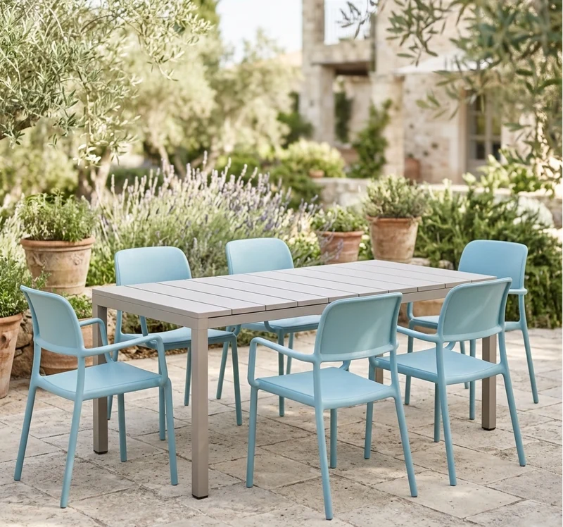 Set tavolo Rio Allungabile 140-210 cm con 6 poltrone Riva, per esterno e giardino