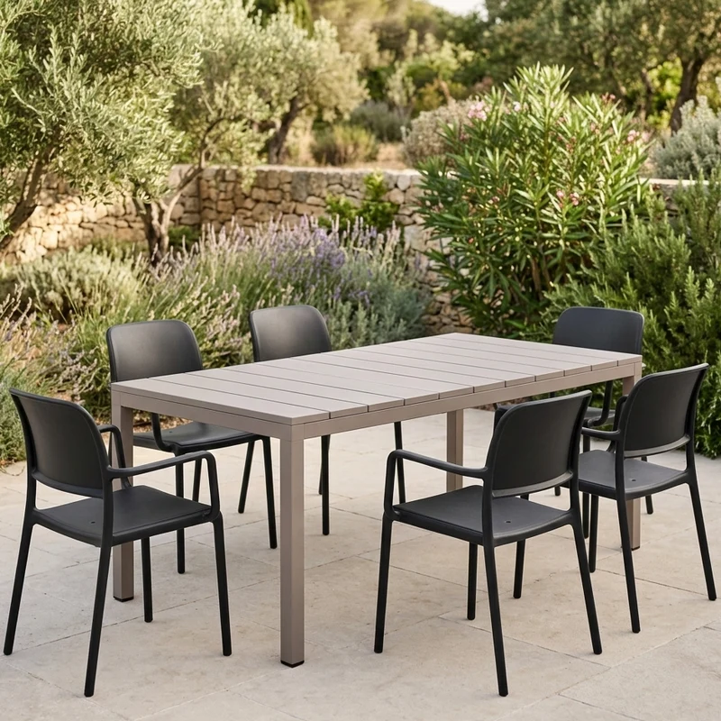 Set tavolo Rio Allungabile 210-280 cm con 6 poltrone Riva, per giardino ed esterno