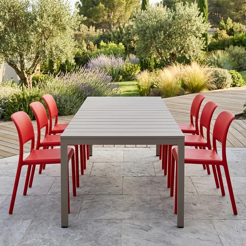 Set tavolo Rio Allungabile 140-210 cm con 6 poltrone Riva, per esterno e giardino